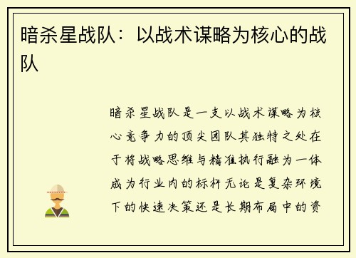 暗杀星战队：以战术谋略为核心的战队